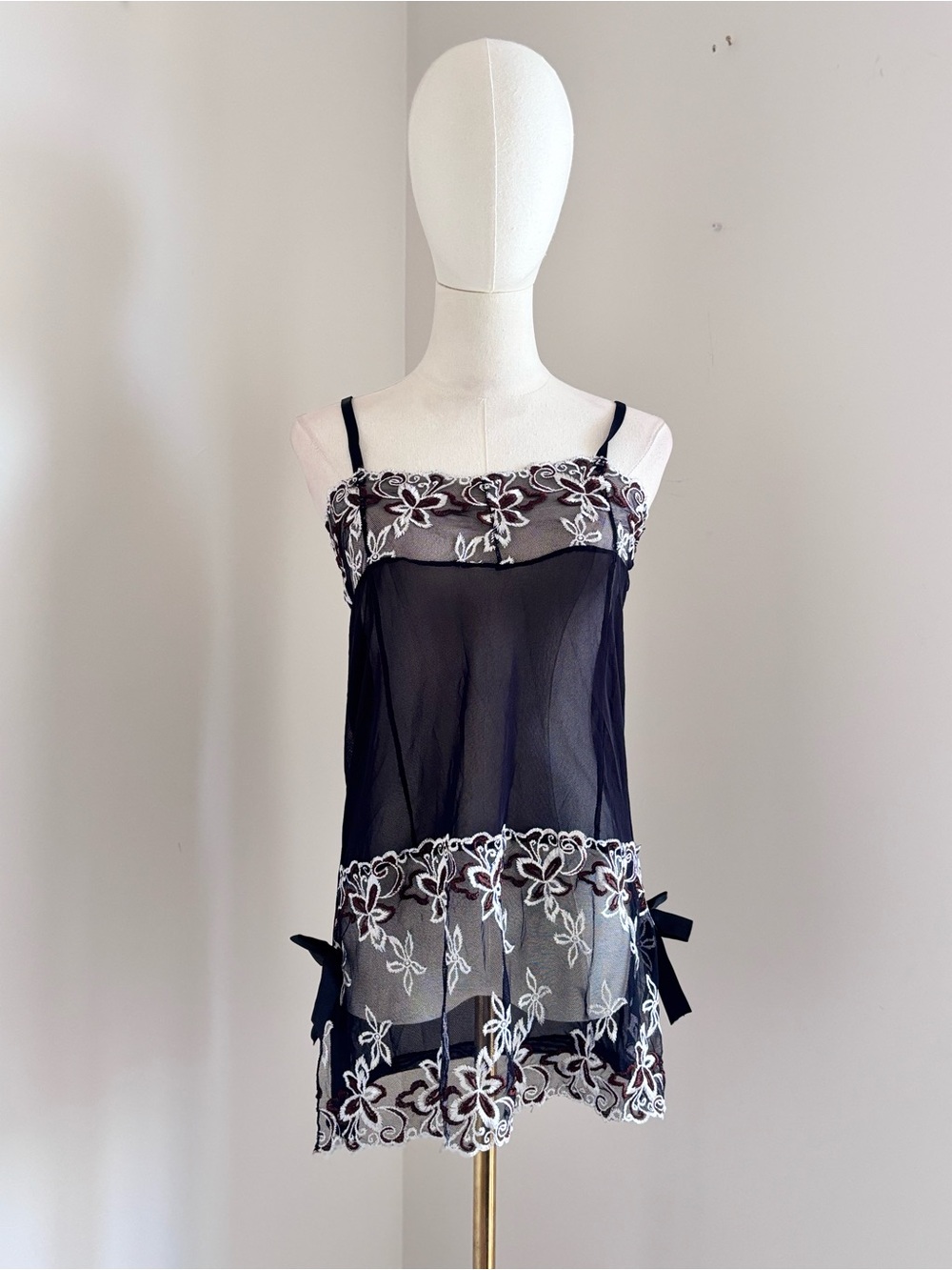 Shuisiqing Vintage Black Sheer Mesh Embroidered Babydoll Chemise Lingerie S/M